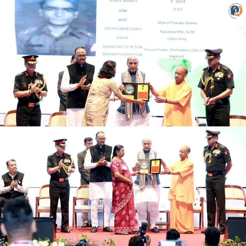 Hon'ble Defence Minister Rajnath Singh and CM Yogi Adityanath honoured the resilient families of Shaurya Chakra hero Lt Col Mukesh Chandra Sharma.